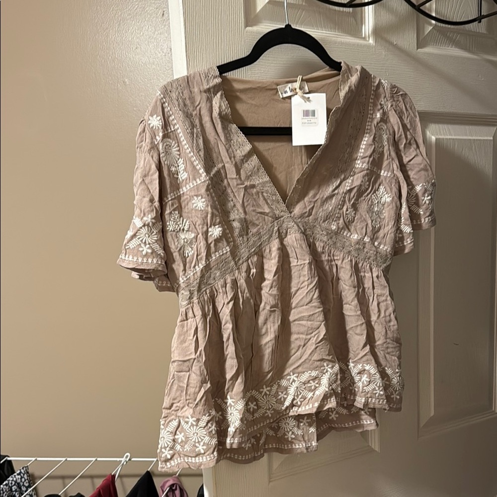 Brown and White Ruffled Wrap Peplum Blouse